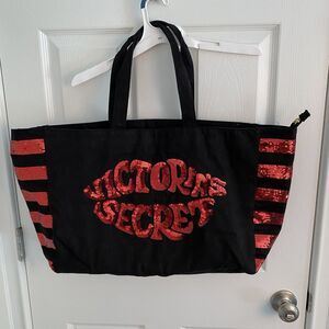 Victoria Secret red sequin lips black tote bag Travel Overnight Sexy Red